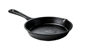 classic cast iron skillet with textured black surface and long handle on isolated background, essential rustic cookware for traditional cooking png