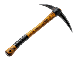 realistic photograph of a rugged ice axe with wooden handle and sharp metal head on isolated background for outdoor climbing and survival equipment concept png