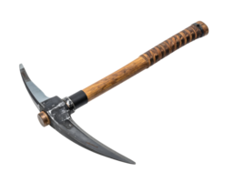 realistic photograph of a classic wooden handled ice axe with dual forged metal blades and aged texture on isolated background for mountaineering and survival tool concept png