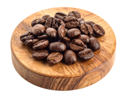 roasted coffee beans on round wooden platform with natural grain texture on isolated background, aromatic ingredient for cafe and beverage branding png