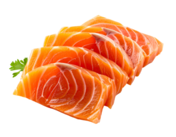 fresh thin sliced salmon sashimi arranged in a row on isolated background with parsley garnish png