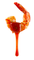 close-up of boiled shrimp dripping with spicy thai seafood sauce, realistic macro food photography on white background png