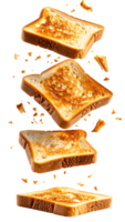 falling crispy toasted bread slices with golden crust and flying crumbs, realistic breakfast motion concept on isolated background png