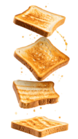 falling crispy toast slices with butter splashes in mid-air, isolated on background, realistic food motion photo png