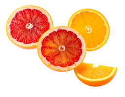 floating slices of red grapefruit and orange with juicy cross sections, isolated on white background, fresh citrus fruit composition png