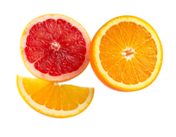floating slices of fresh orange and red grapefruit with juicy texture, isolated on white background, citrus fruit composition for healthy food concept png
