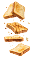 falling toasted bread slices with crunchy texture and scattered crumbs, realistic breakfast motion scene on isolated background png