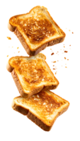 three crispy toasted bread slices falling in mid-air with golden texture and flying crumbs on isolated background png