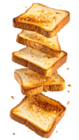 stack of falling toasted bread slices with crispy texture and scattered crumbs, dynamic breakfast food motion on isolated background png