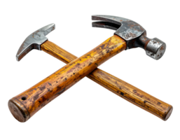 realistic photo of two vintage claw hammers crossed isolated on white background old rustic carpenter tool set for diy construction repair and workshop projects png