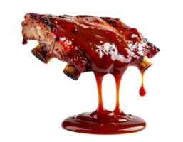 vertical grilled pork ribs with dripping bbq sauce, juicy meat isolated on white background, close-up food concept png