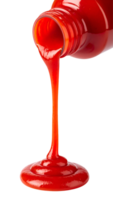 thick stream of ketchup pouring from tilted bottle with glossy red texture on isolated background, tomato sauce swirl for food mockup and branding png