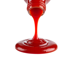realistic stream of ketchup pouring from bottle with thick glossy texture on isolated background, tomato sauce for food packaging and design png