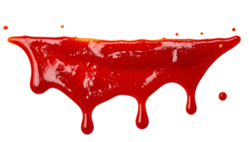 horizontal ketchup splash with glossy texture and dripping effect on isolated background, bold tomato sauce for food styling and menu design png