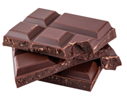stack of cracked dark chocolate bars with smooth and textured surface on isolated background, rich cocoa dessert concept png