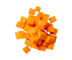 Top view of orange carrot slices in cube shape in stack isolated with clipping path in file format png