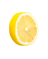 Front view of ripe yellow lemon fruit in single circle slice isolated with clipping path in file format png