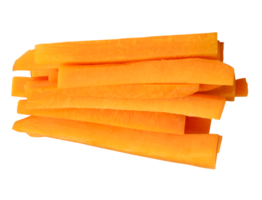 Top view of orange carrot slices in stick shape in stack isolated with clipping path in file format png