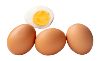 Front view of raw brown chicken eggs and cooked or boiled chicken egg with egg yolk in half in stack isolated in file format png