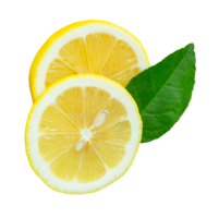 Front view of ripe yellow lemon fruit in slices in two circles with green leaf isolated in file format png