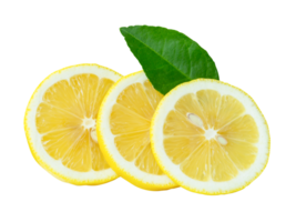 Front view of ripe yellow lemon fruit in three slices or three circles with green leaf isolated in file format png