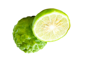 Single bergamot fruit or kaffir lime with half in stack isolated with clipping path in file format png