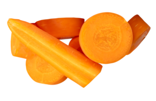 Top view of orange carrot slices or pieces in stick and circles in stack isolated with clipping path in file format png