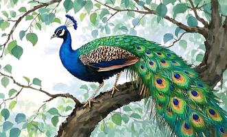 A beautiful watercolor painting of a peacock on a tree with a white background photo