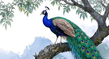A beautiful watercolor painting of a peacock on a tree with a white background 3 photo