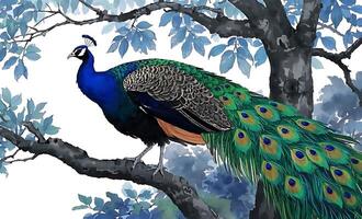 A beautiful watercolor painting of a peacock on a tree with a white background 2 photo