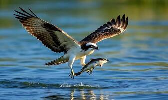 A large Osprey fishing in a pond and flying with a large fish 1 photo