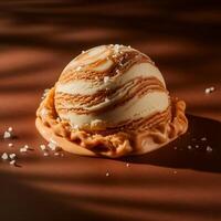 A scoop of ice cream in a bowl with a brown background photo