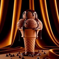 Chocolate ice cream in a waffle cone on a table with a curtain photo