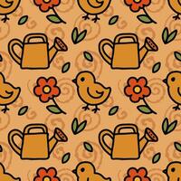 Garden flower print in the form of a chicken, watering can, seamless pattern, warm background, natural, wrapping paper. vector