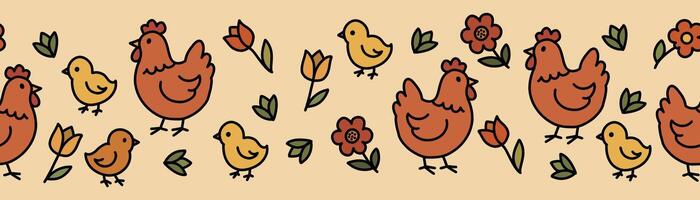 Easter flower border in the shape of a chicken, seamless pattern, warm background, natural, wrapping paper, flat style. vector