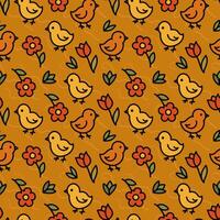 Easter flower chicken pattern, seamless pattern, yellow background, natural, wrapping paper, flat style, illustration. vector