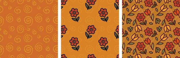 A set of patterns.Hand-drawn retro floral print for fabric. Modern yellow flowers for creativity. Vintage botanical seamless pattern, wrapping paper. vector