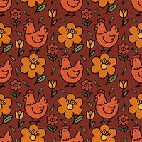 Cute chicken with a seamless flower pattern on a yellow background. Drawing of agricultural elements. Hand drawn vector