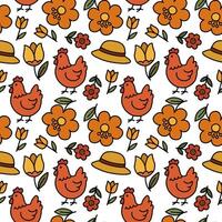 Cute chicken with a seamless flower pattern on a yellow background. Drawing. vector