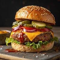 Juicy Cheeseburger with Sesame Seed Bun on the woden table photo