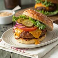Juicy Cheeseburger with Sesame Seed Bun photo