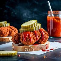 A sandwich with pickles and ketchup on it photo