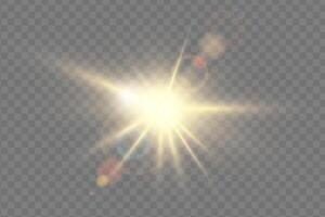Bright sunburst with glowing yellow rays and radiant flare. Abstract sunlight effect with warm, shiny glow. Perfect for summer, weather and fantasy themes. illustration. vector