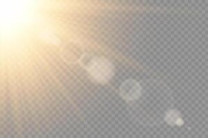 Shiny sun flare with glowing rays and radiant sunlight effect. Bright golden beam with sparkle and glare. Perfect for summer, sky and nature themes. illustration. vector