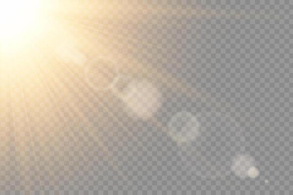 Shiny sun flare with glowing rays and radiant sunlight effect. Bright golden beam with sparkle and glare. Perfect for summer, sky and nature themes. illustration.