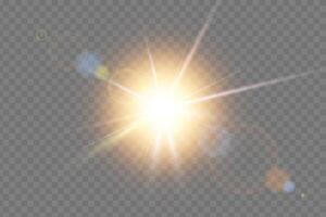 Bright sunburst with glowing rays and golden shine. Abstract sunlight effect with sparkling glare. Ideal for summer, nature and weather designs. illustration. vector