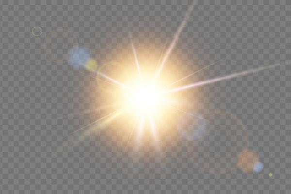 Bright sunburst with glowing rays and golden shine. Abstract sunlight effect with sparkling glare. Ideal for summer, nature and weather designs. illustration.