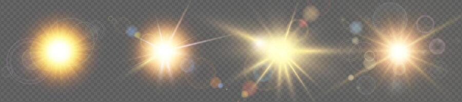 Realistic sun flare set with glowing golden rays and radiant light effect. Shiny sunlight burst with sparkle and halo. Perfect for summer, space and abstract designs. illustration. vector