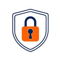 A simple, black and white icon of a shield encompassing a padlock. vector