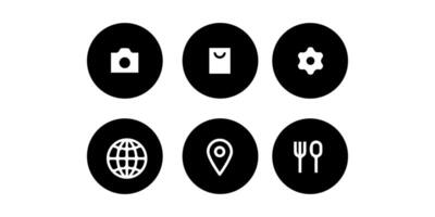 a set of black and white icons that include a globe, fork, and spoon vector